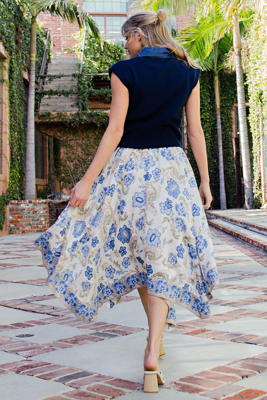Ladies EESOME Floral Print Handkerchief Hem Midi Skirt - SHS15598