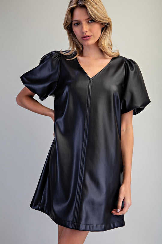 Ladies EESOME Pleather V-Neck Puff Sleeve Dress - DH17072