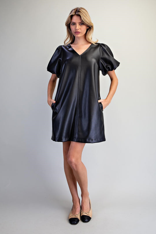 Ladies EESOME Pleather V-Neck Puff Sleeve Dress - DH17072