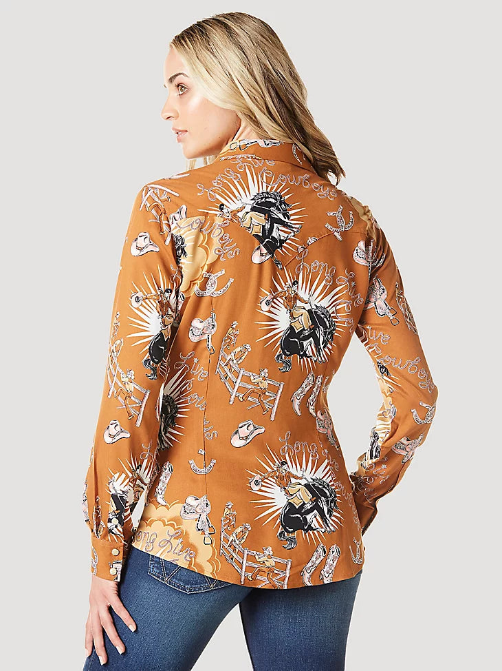Ladies Wrangler Bold Bucking Cowboy Western Snap Shirt - 112336515