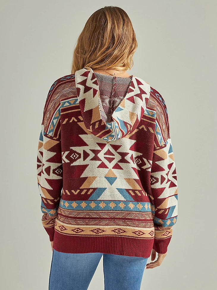 Ladies Wrangler Retro Southwestern Full Zip Hooded Sweatshirt in Burgundy - 112339436
