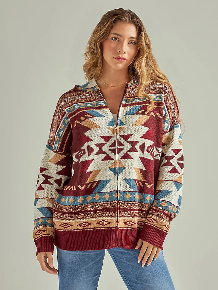 Ladies Wrangler Retro Southwestern Full Zip Hooded Sweatshirt in Burgundy - 112339436