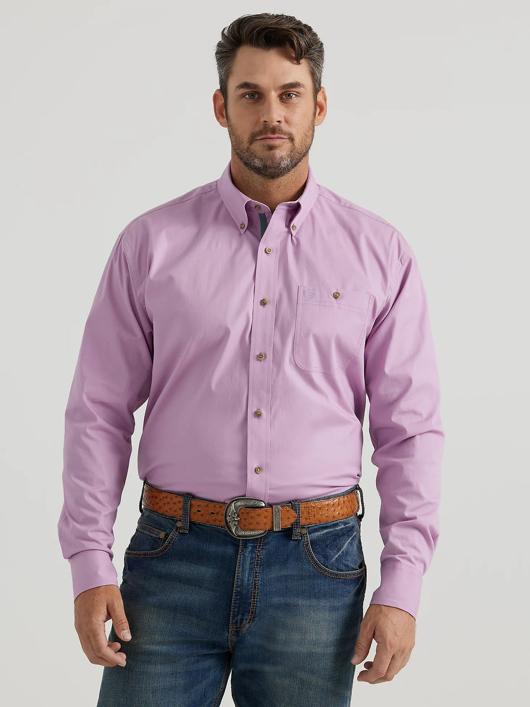Men's Wrangler George Strait Long Sleeve Button Down One Pocket Shirt in Solid Purple Mist - 112346528