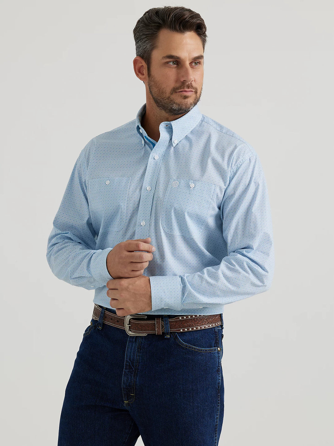 Men's WRANGLER® GEORGE STRAIT™ LONG SLEEVE BUTTON DOWN TWO POCKET SHIRT IN FOG BLUE DOT - 112346532 - FINAL SALE