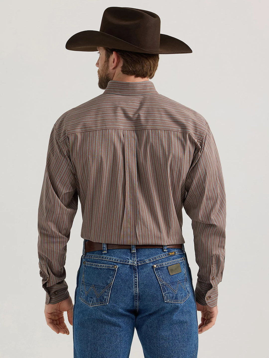 Men's Wrangler® George Strait™ Long Sleeve Button Down One Pocket Shirt in Brown Cliff Stripe