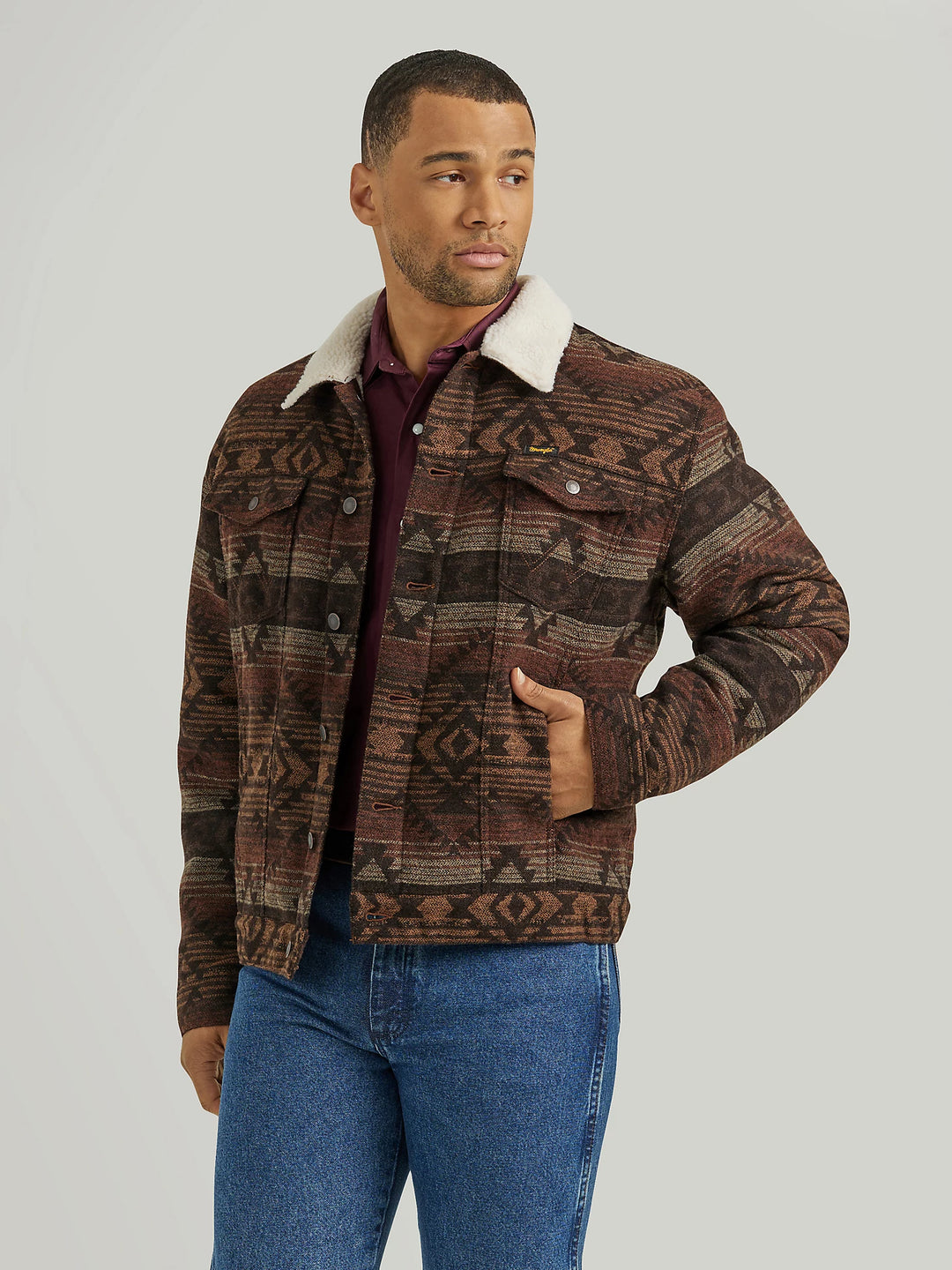 Men's Wrangler® Sherpa Lined Jacquard Print Jacket in Canyon Vibe - 112352966