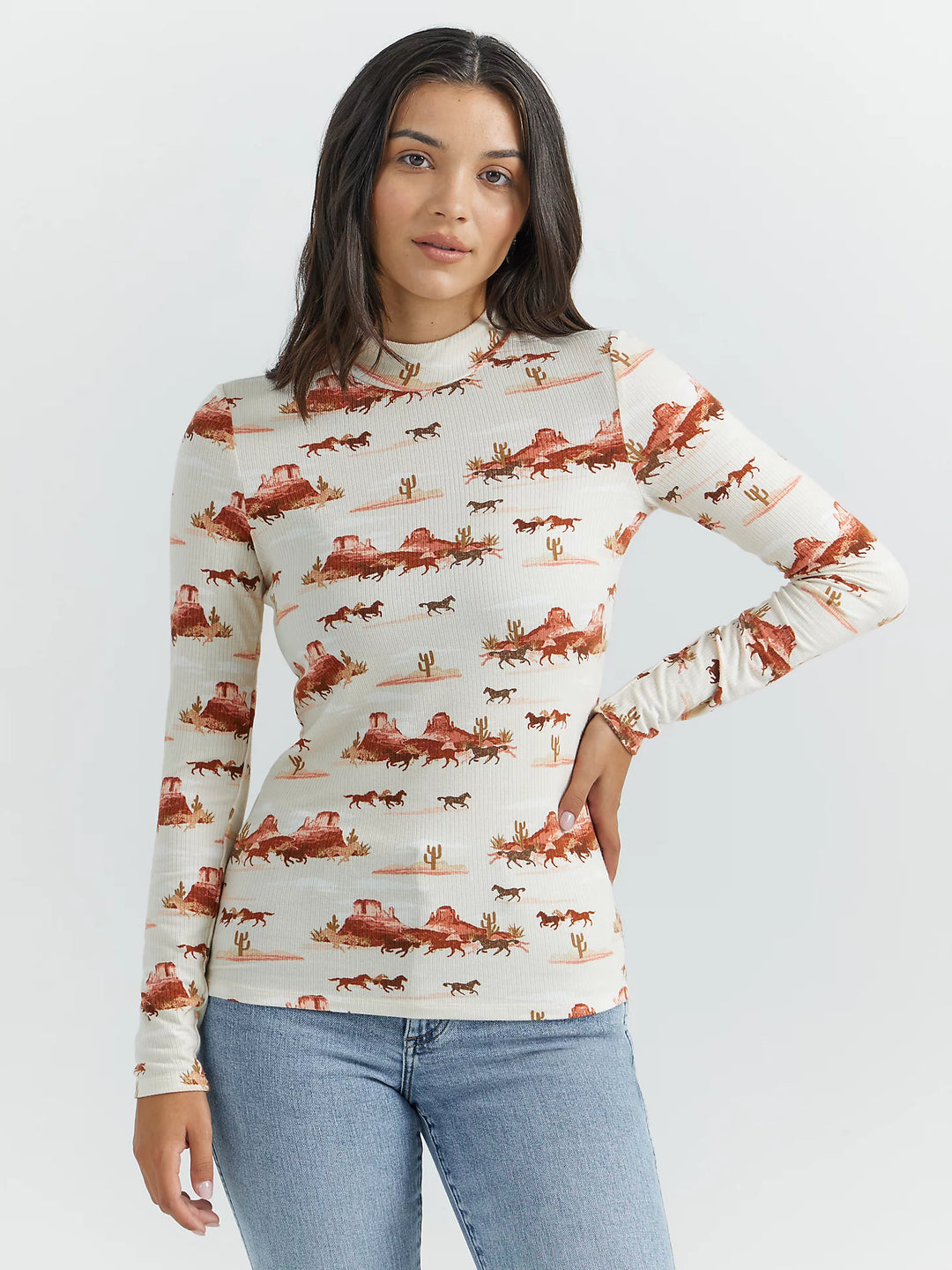 Ladies Wrangler Horse Print Mock Neck Shirt in Creamsicle - 112353207