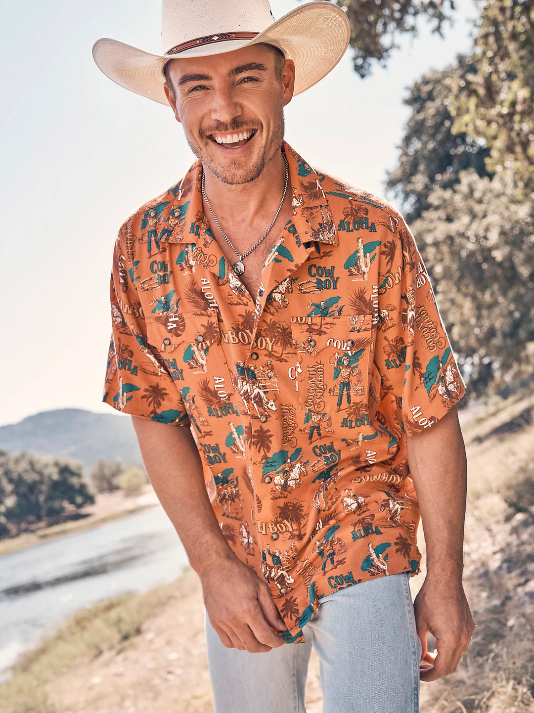 Hat Wrangler Western Wear Shirts Wrangler, Men's Coconut Cowboy Snap Front Camp Shirt M, Orange Hat Wrangler Western Wear Shirts Wrangler, Men's Coconut Cowboy Snap Front Camp Shirt M, Orange