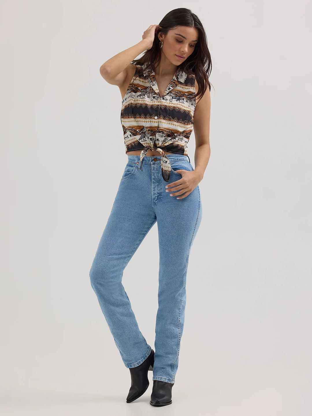 Ladies Bold Printed Sleeveless Tie Front Shirt - 112364364