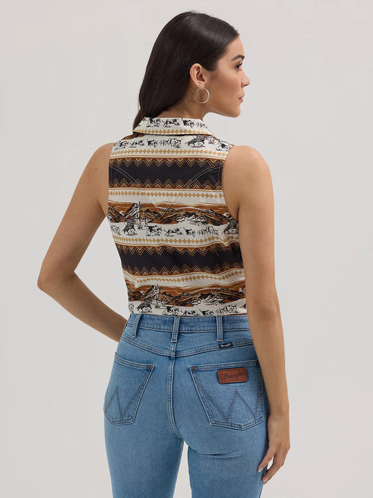 Ladies Bold Printed Sleeveless Tie Front Shirt - 112364364