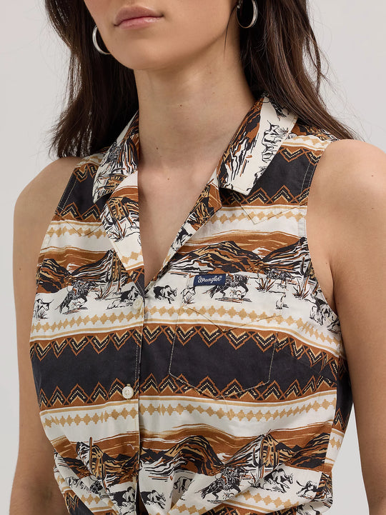 Ladies Bold Printed Sleeveless Tie Front Shirt - 112364364