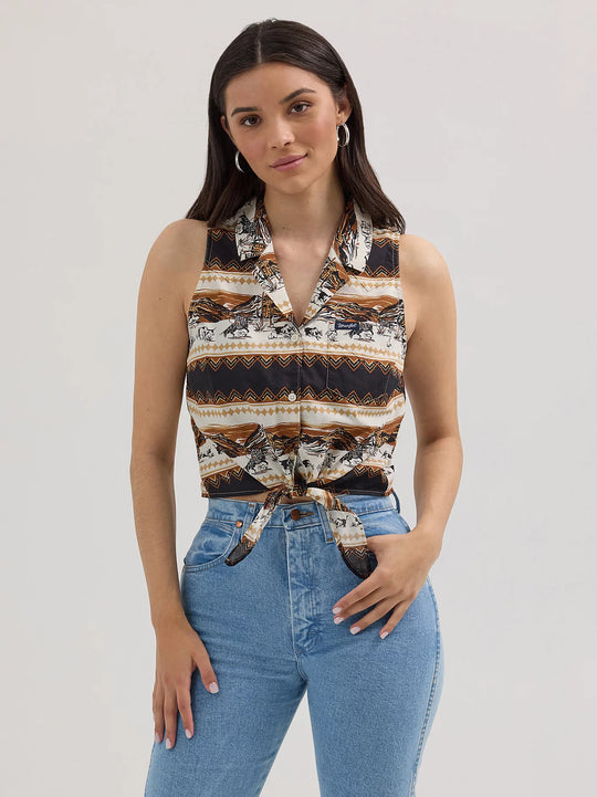 Ladies Bold Printed Sleeveless Tie Front Shirt - 112364364