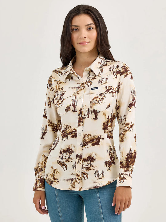 Ladies Wrangler Bold Bucking Cowboy Western Snap Shirt - 112367229