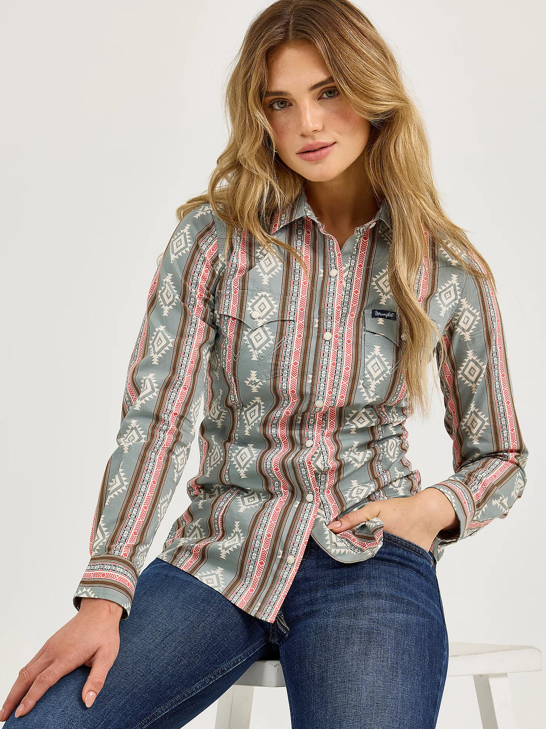 Ladies Wrangler Retro® Southwestern Stripe Western Snap Shirt - 112367279
