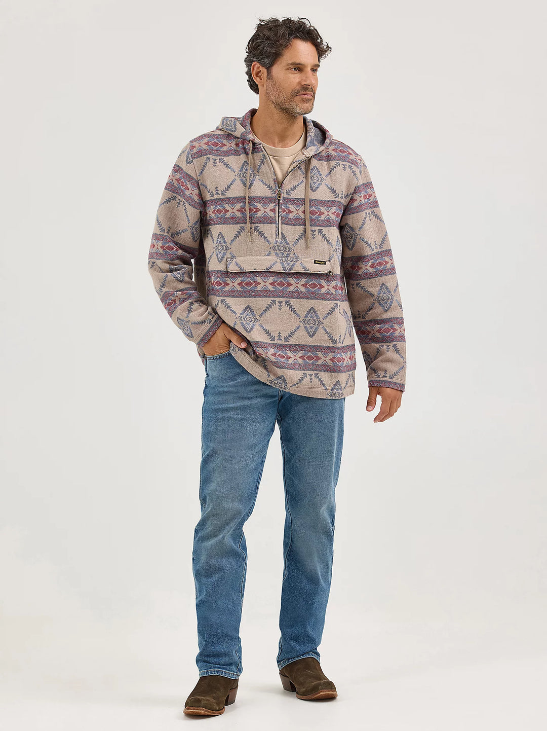 Men's Wrangler Jacquard Quarter Zip Hooded Popover Jacket - 112368214