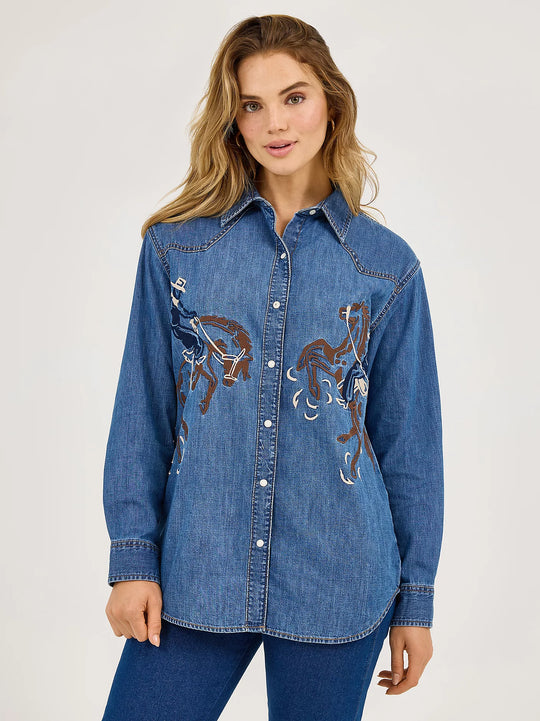 Ladies Wrangler Embroidered Horses Boyfriend Western Snap Shirt - 112371715