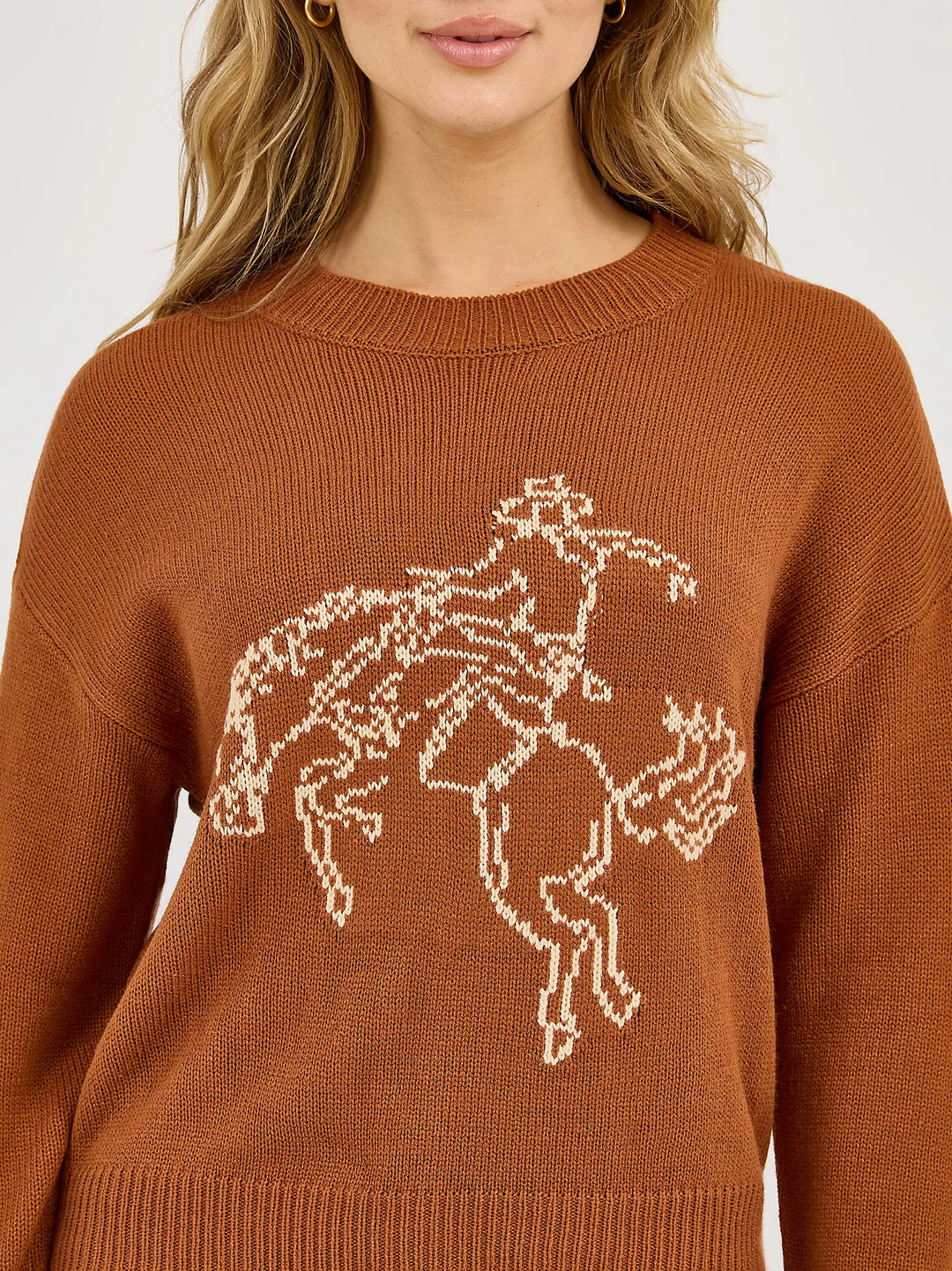Ladies Wrangler Horse Intarsia Crew Neck Sweater - 112372331