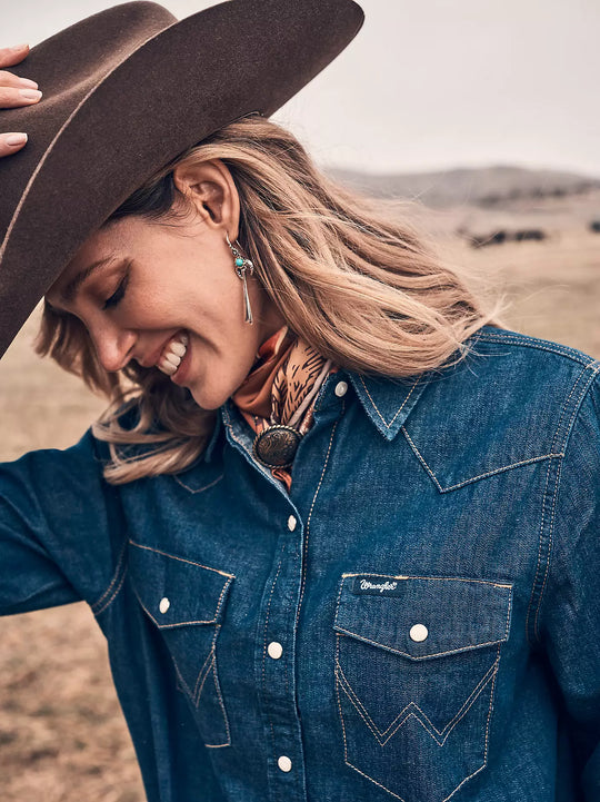 Ladies Wrangler Iconic Western Snap Denim Dress - 112373761