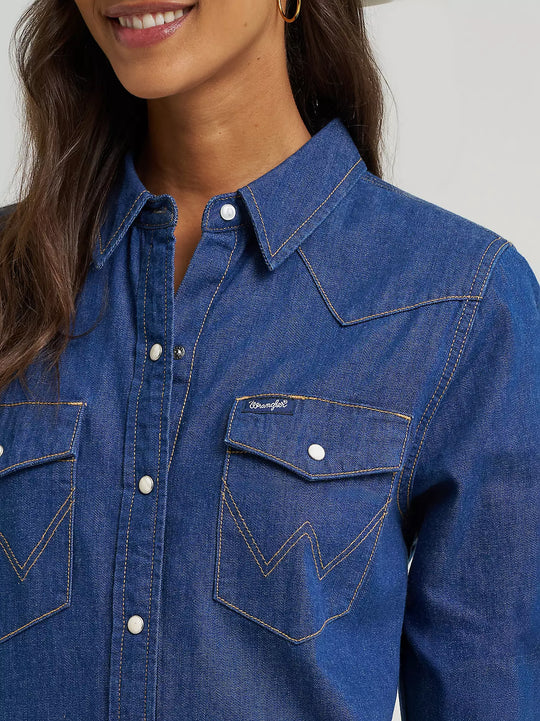 Ladies Wrangler Iconic Western Snap Denim Dress - 112373761