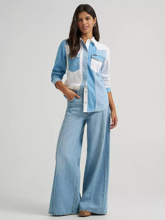 Ladies Wrangler Pieced Denim Vintage Fit Snap Shirt - 112374832
