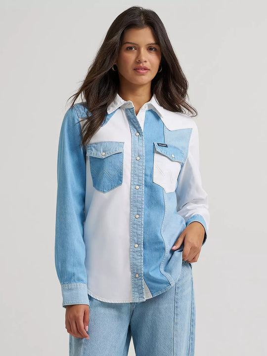 Ladies Wrangler Pieced Denim Vintage Fit Snap Shirt - 112374832