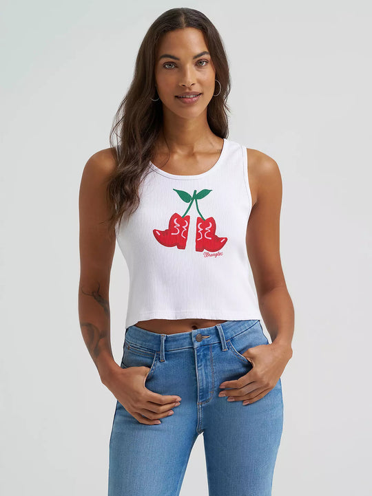Ladies Wrangler Cherry Boots Graphic Ribbed Tank - 112375858