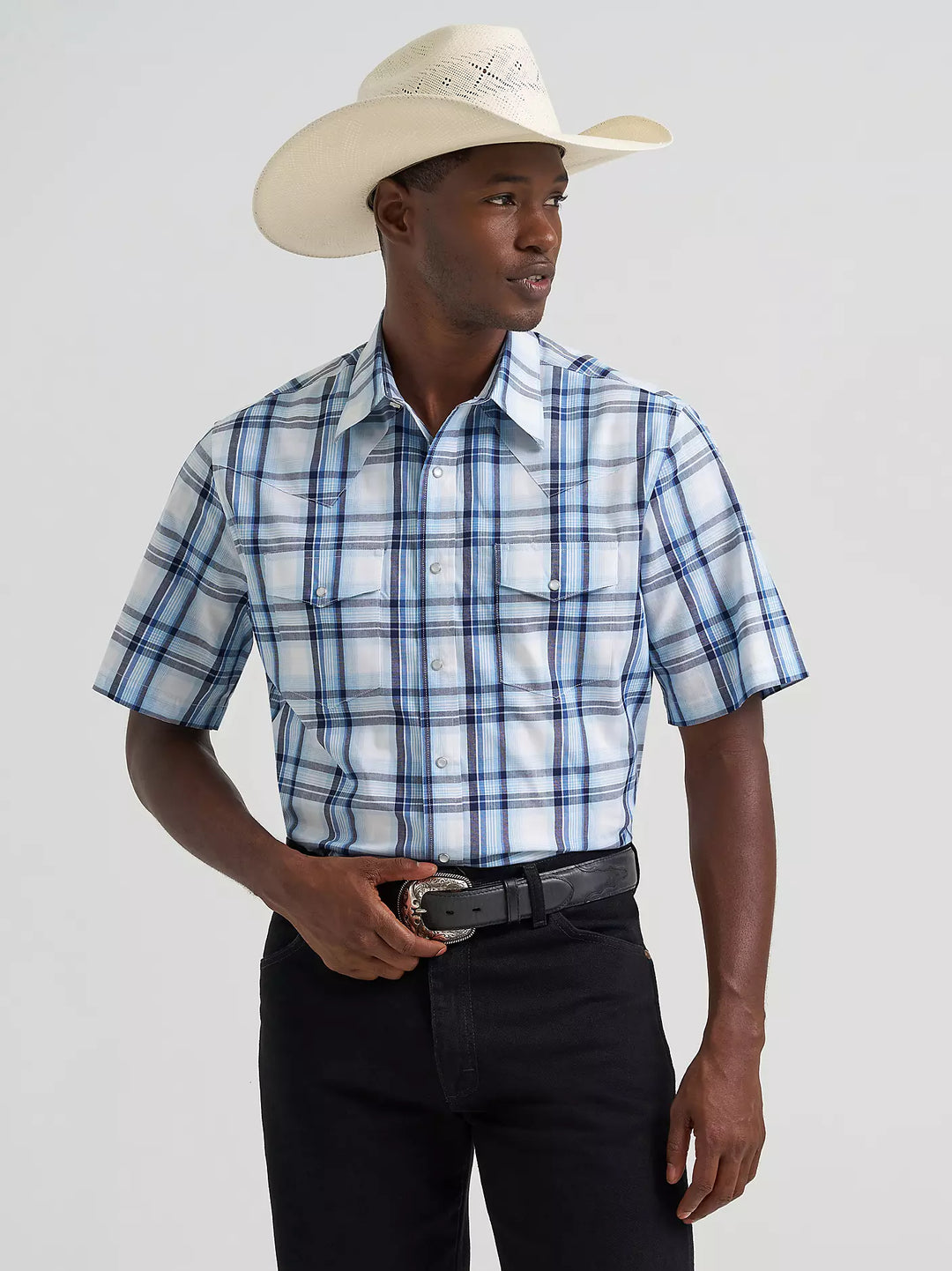 Men's Wrangler Wrinkle Resist Short Sleeve Western Snap Plaid Shirt - 112379030