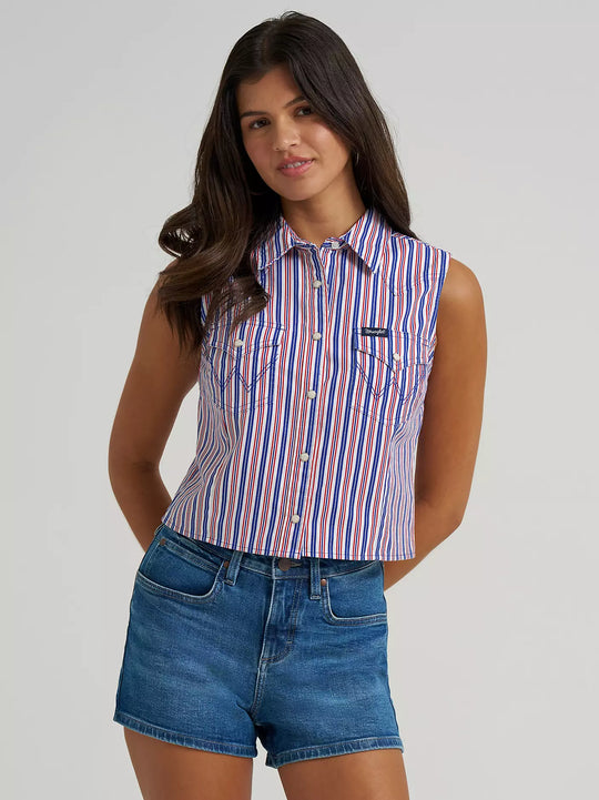 Ladies Wrangler Striped Sleeveless Snap Shirt - 112379486