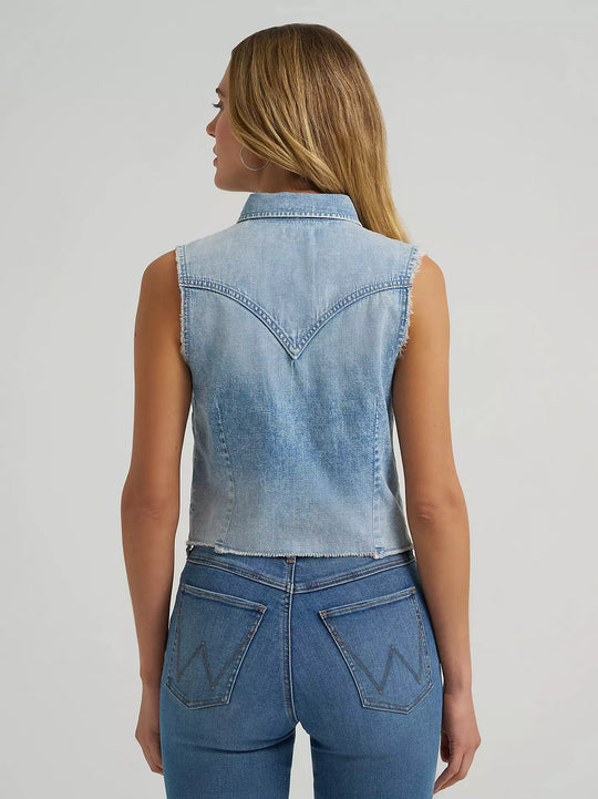 Ladies Wrangler Frayed Hem Sleeveless Denim Snap Shirt - 112379492