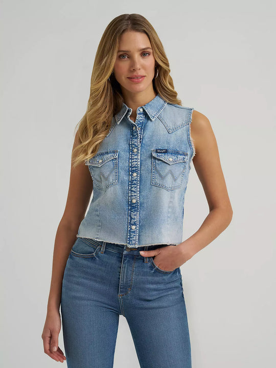 Ladies Wrangler Frayed Hem Sleeveless Denim Snap Shirt - 112379492