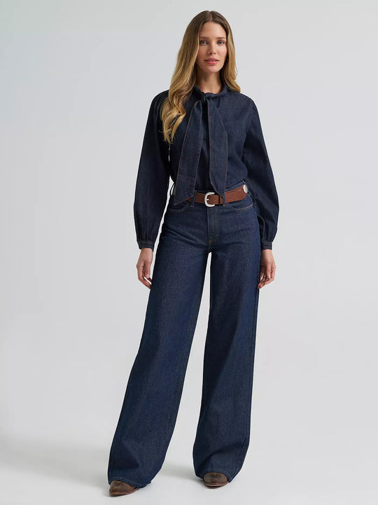 Ladies Wrangler Denim Bow Snap Shirt - 112382509