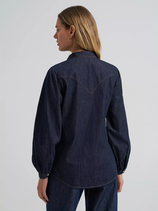 Ladies Wrangler Denim Bow Snap Shirt - 112382509