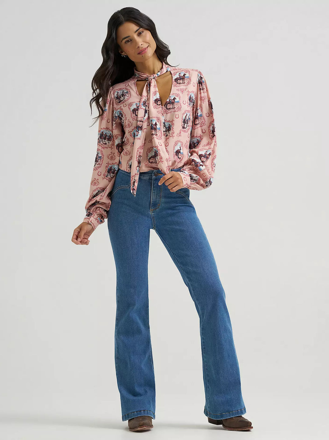 Ladies Wrangler Cameo Tie Neck Blouse - 112382520
