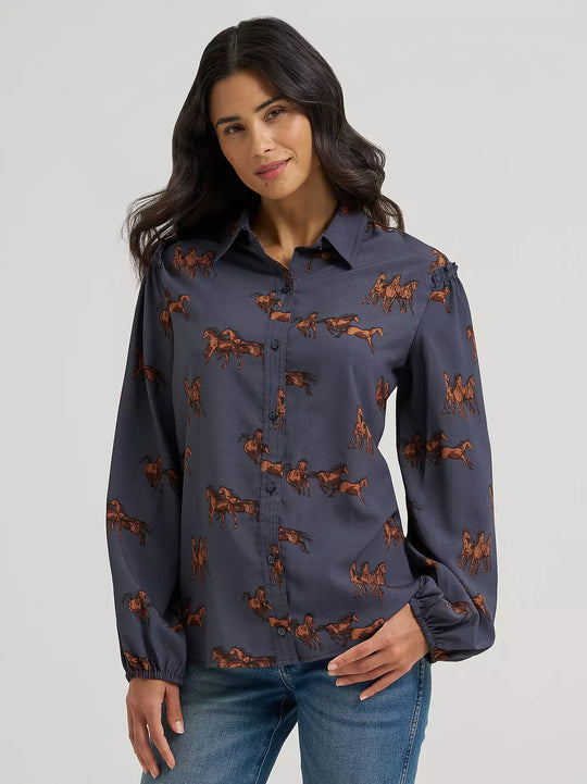 Ladies Wrangler Drapey Sleeve Button Up Blouse - 112382747