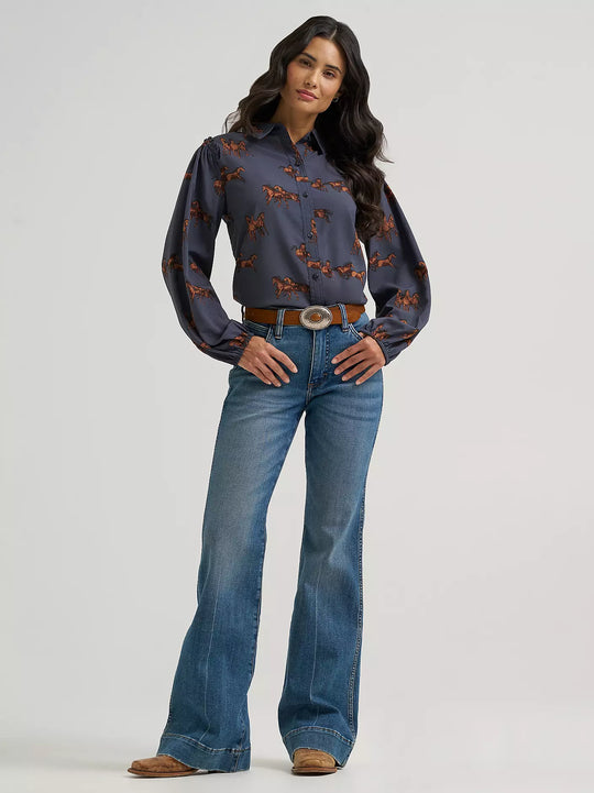 Ladies Wrangler Drapey Sleeve Button Up Blouse - 112382747