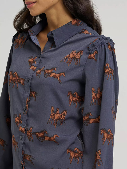 Ladies Wrangler Drapey Sleeve Button Up Blouse - 112382747