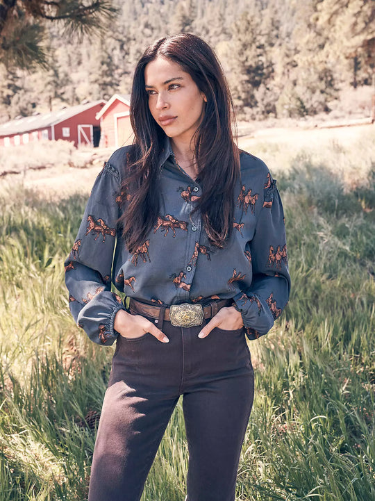 Ladies Wrangler Drapey Sleeve Button Up Blouse - 112382747