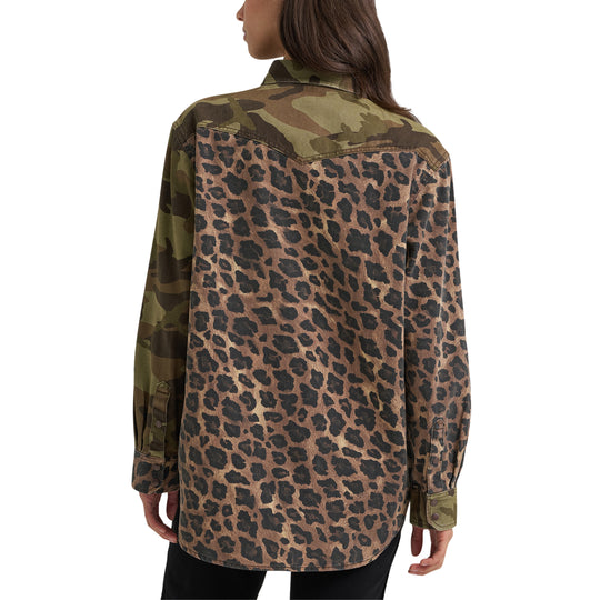 Ladies Wrangler Mixed Print Boyfriend Western Snap Shirt - 112385325