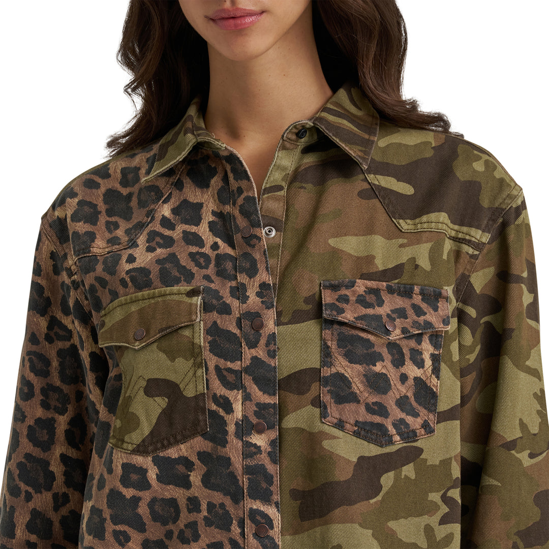 Ladies Wrangler Mixed Print Boyfriend Western Snap Shirt - 112385325