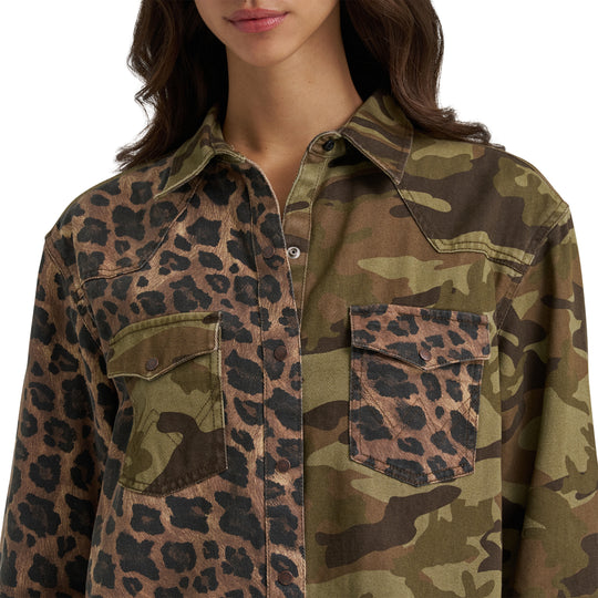 Ladies Wrangler Mixed Print Boyfriend Western Snap Shirt - 112385325