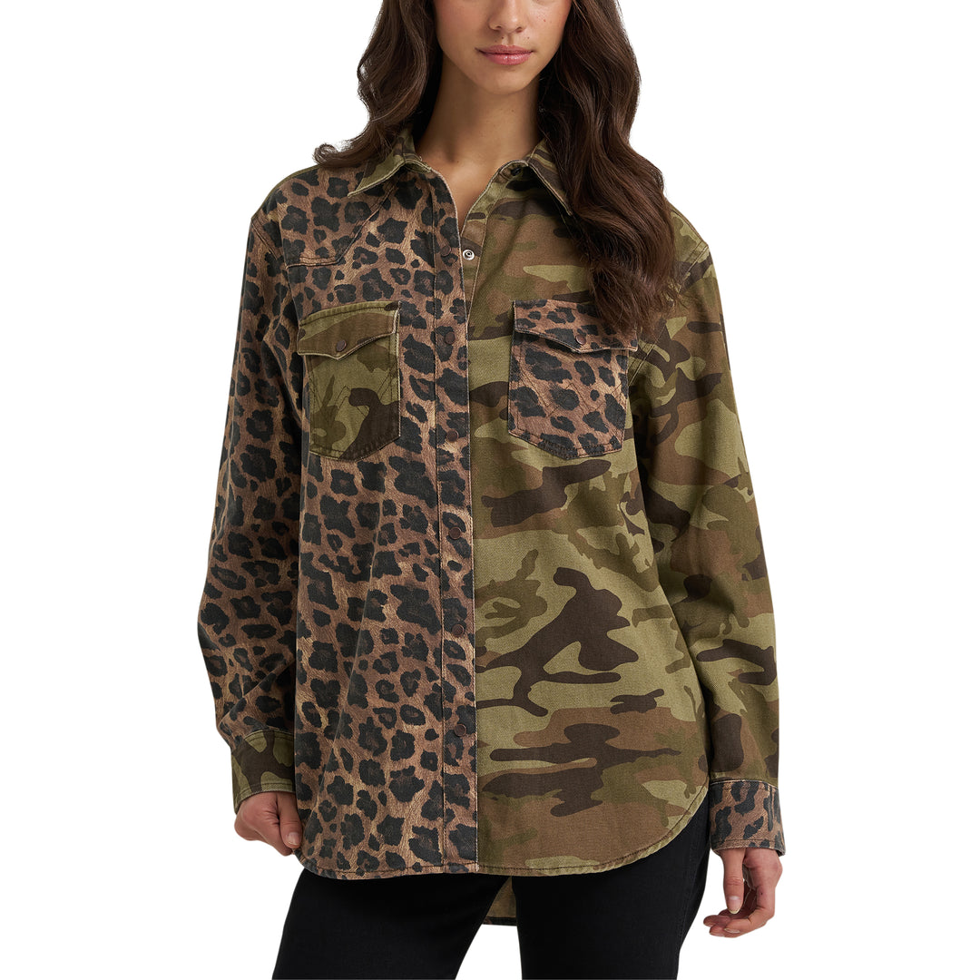 Ladies Wrangler Mixed Print Boyfriend Western Snap Shirt - 112385325
