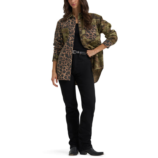 Ladies Wrangler Mixed Print Boyfriend Western Snap Shirt - 112385325