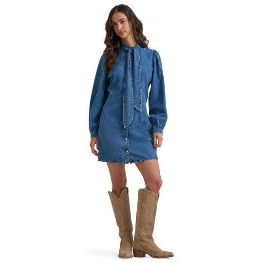 Ladies Wrangler Denim Tie Neck Snap Dress - 112385430