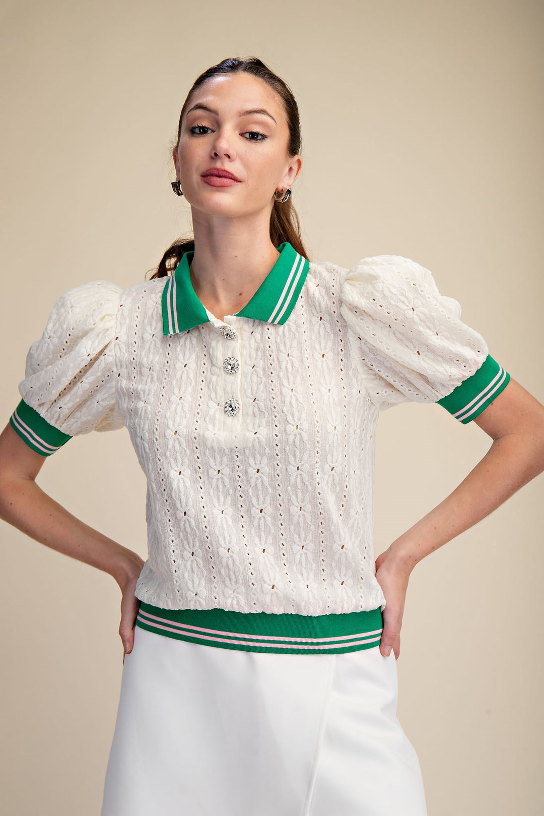 Ladies Glam Puff-Sleeve Lace Knit Top - GT8872