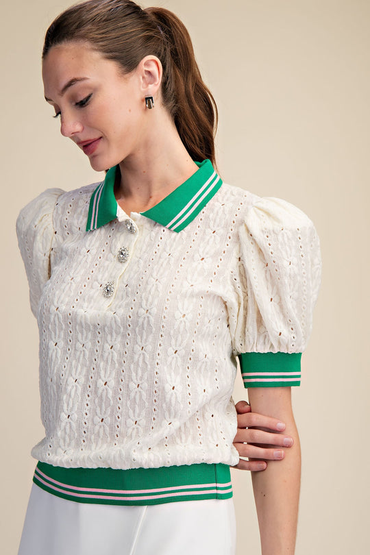 Ladies Glam Puff-Sleeve Lace Knit Top - GT8872