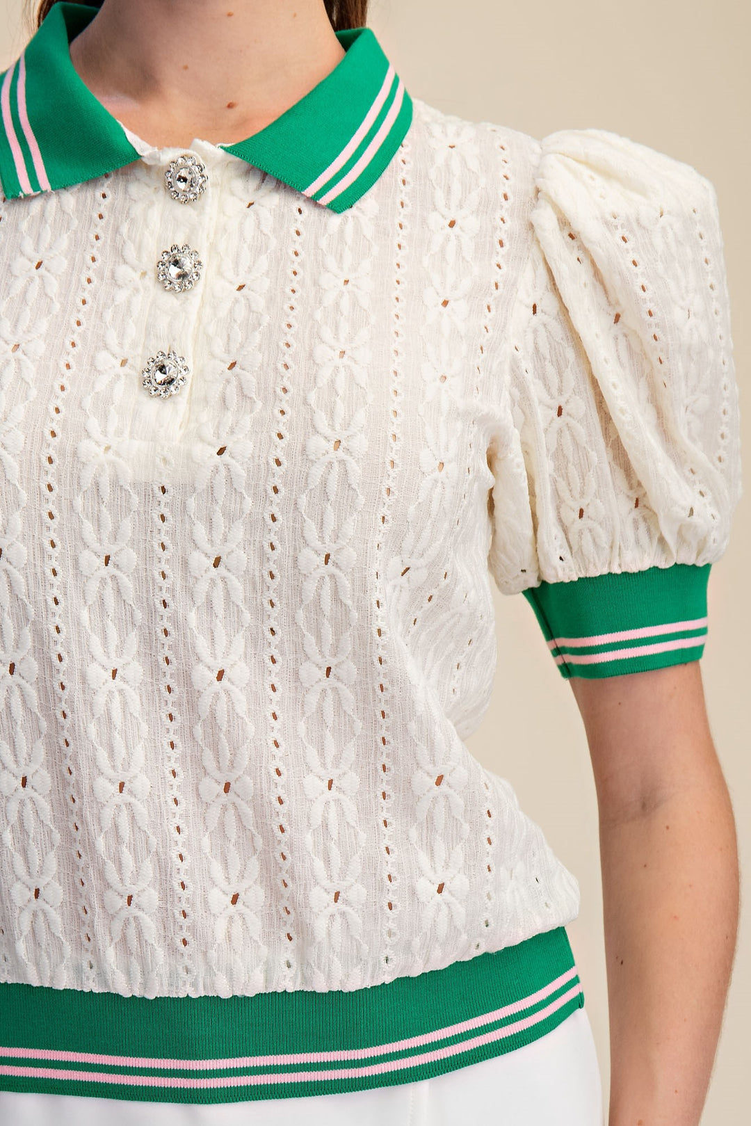 Ladies Glam Puff-Sleeve Lace Knit Top - GT8872