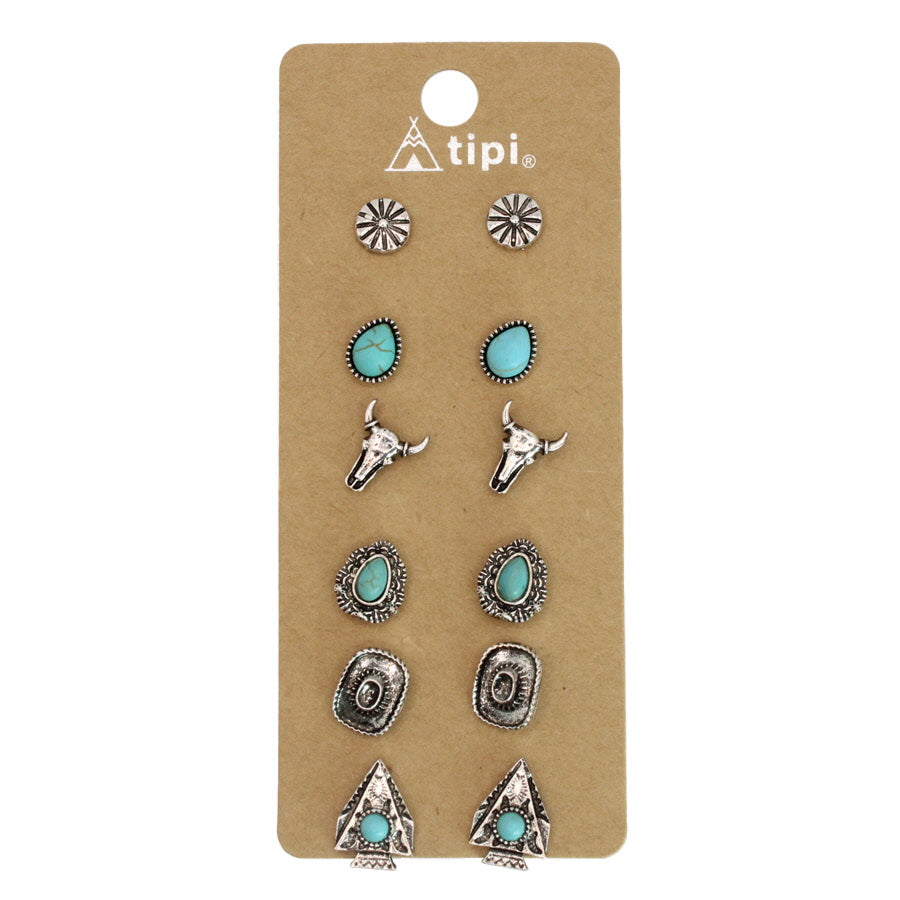 Set Of Western Metal Post Earrings With Turquoise - C