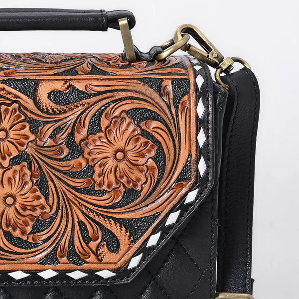 Western Quilted Leather Crossbody Bag Hand-Tooled Floral Flap - ADBGA703