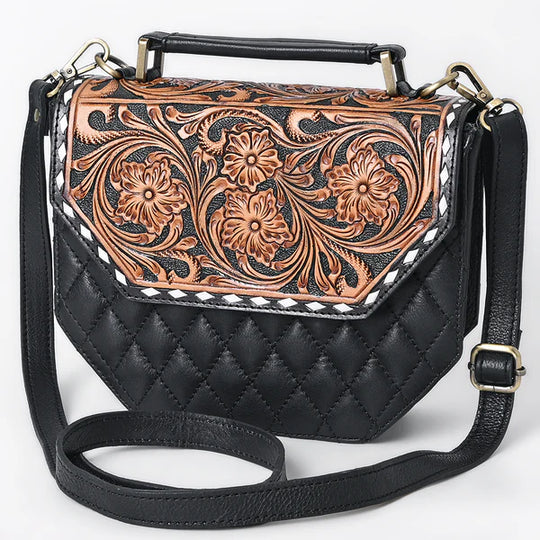 Western Quilted Leather Crossbody Bag Hand-Tooled Floral Flap - ADBGA703