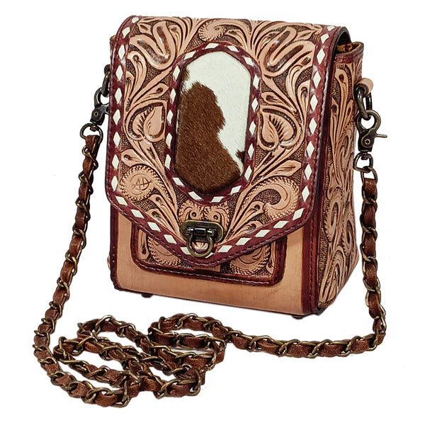 American Darling Hand Tooled Floral Hair-On Cowhide Western Crossbody Bag - ADBG1825